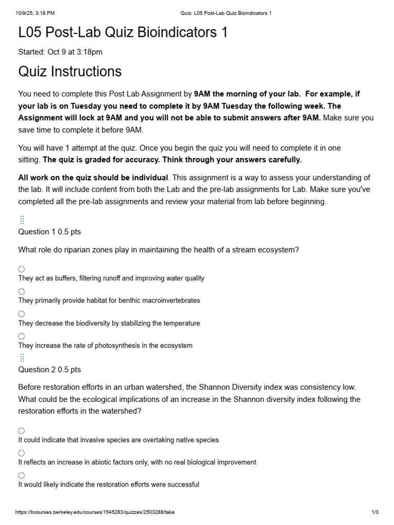 Bioindicators Post-Lab Quiz Guide | PDF | Water Quality | Ecosystem