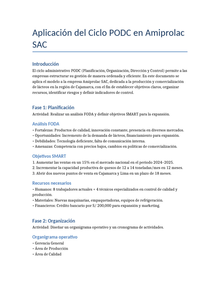 Ciclo PODC en Amiprolac SAC | PDF | Análisis FODA | Marketing