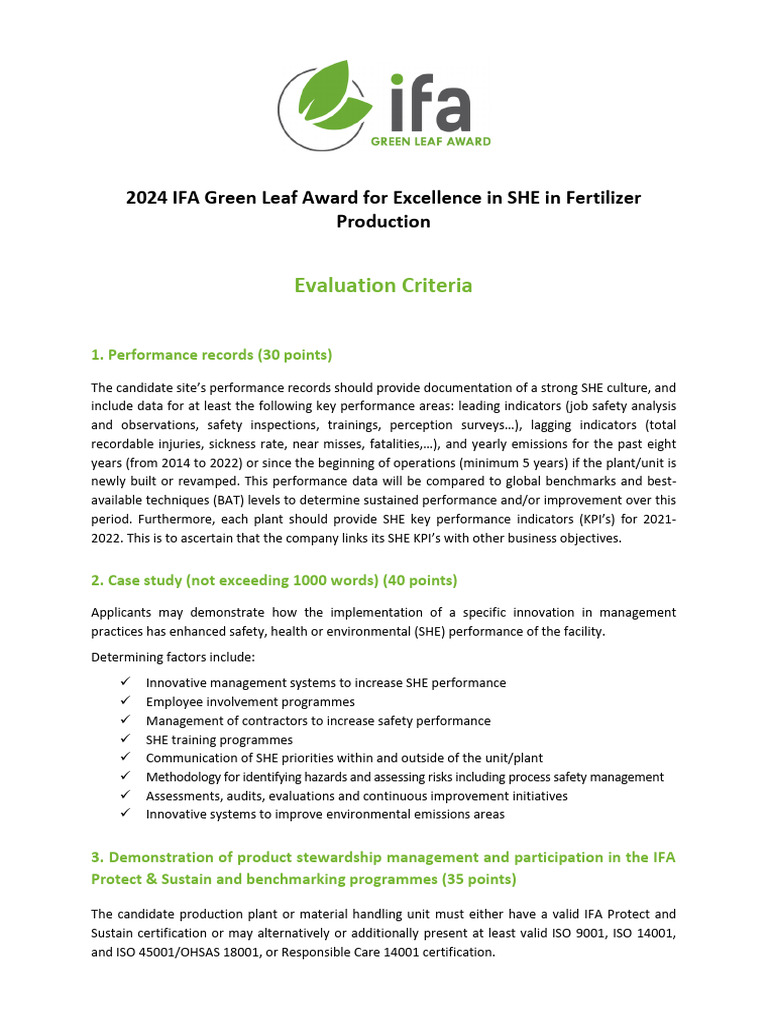 2024 IFA Green Leaf Award Evaluation Criteria | PDF | Performance ...