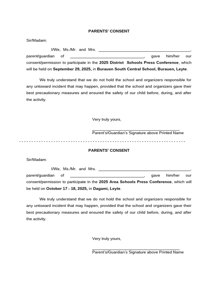 Parents' Consent for School Events | PDF