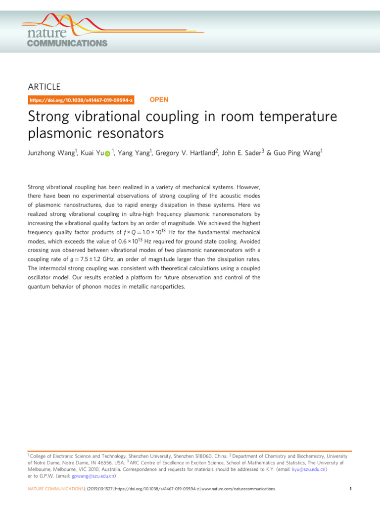 Strong Vibrational Coupling in Plasmonic Resonators | PDF | Plasmon
