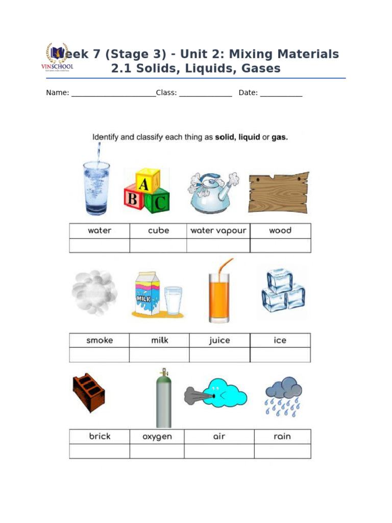 Week 7 - Solids Liquids Gas - Worksheet | PDF
