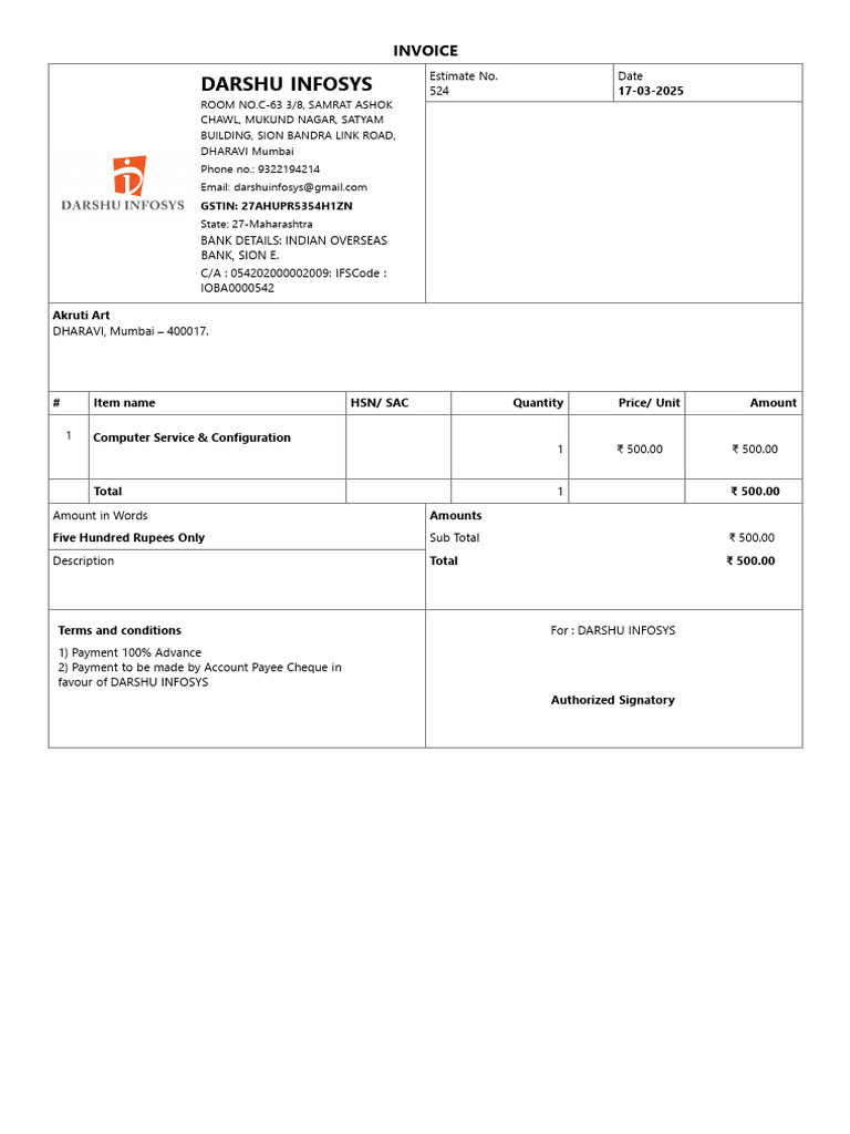 Invoice for Computer Service - Darshu Infosys | PDF