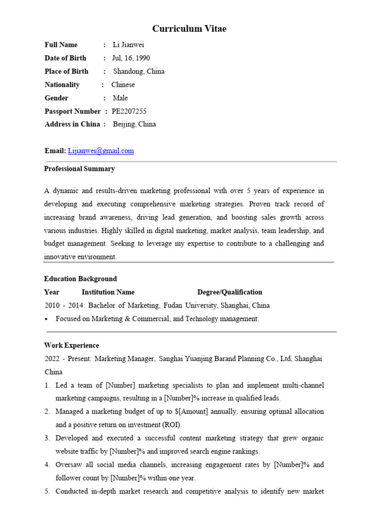 Marketing Professional CV: Li Jianwei | PDF