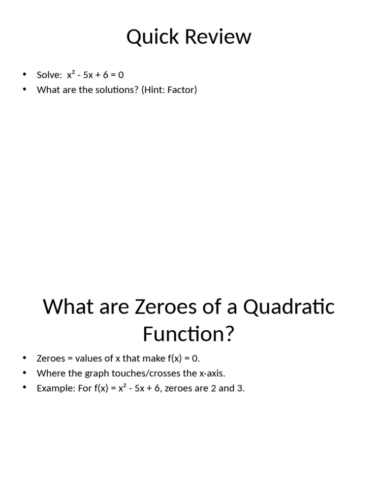 Finding Zeroes of Quadratic Functions | PDF