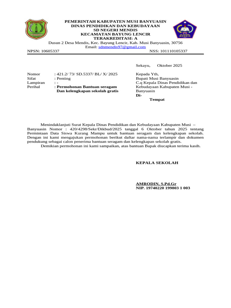 Surat Permohonan Bantuan Seragam Dan Kelengkapan Sekolah Gratis Pdf