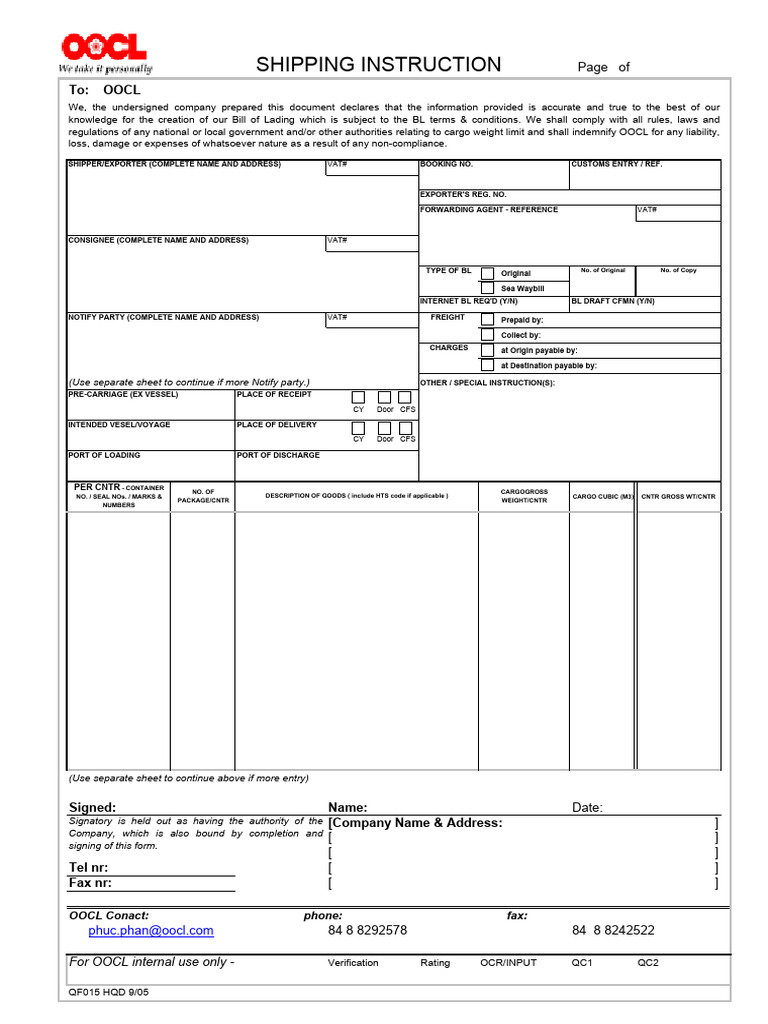 Shipping Instructions for Bill of Lading | PDF | Cargo | Bill Of Lading