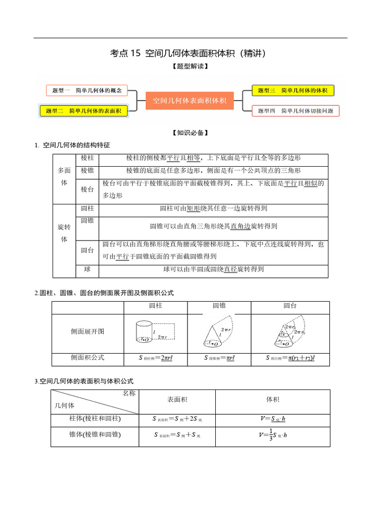考点15 空间几何体表面积体积（精讲）第一阶段零基础or艺考生（原卷版） | PDF