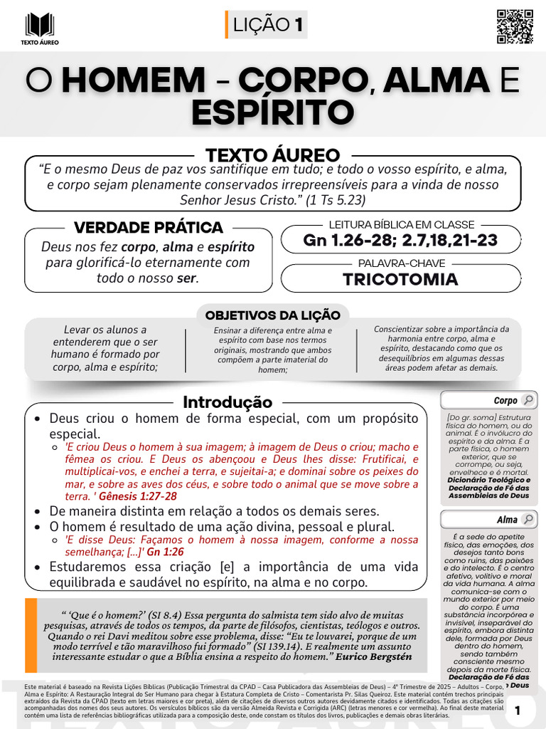 Subsídios - Lição 1 - o Homem - Corpo, Alma e Espírito - Ebd Adultos ...