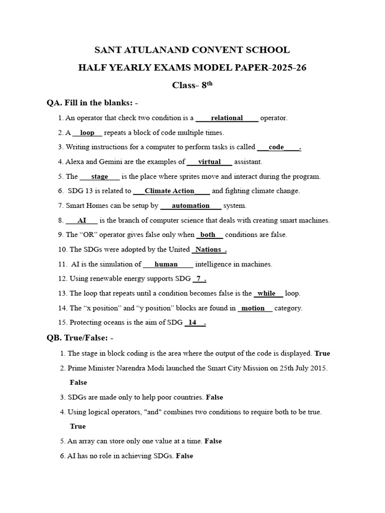 Class 8 Half-Yearly Exam Model Paper 2025-26 | PDF | Control Flow ...