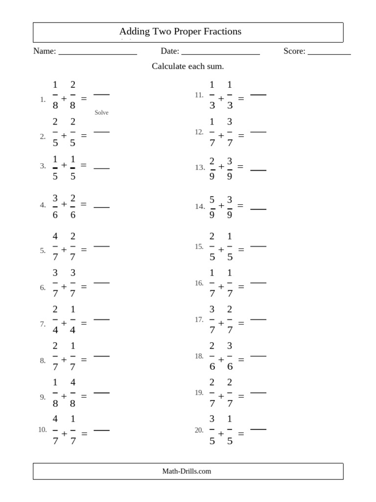 Fractions Operations 02 Fillable 01 Addition 01 Proper 01 Proper 01 ...