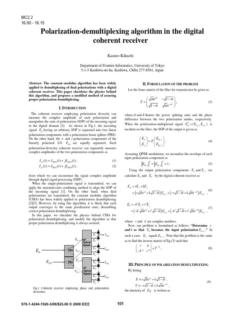 Polarization Demultiplexing in Coherent Receivers | PDF | Polarization ...