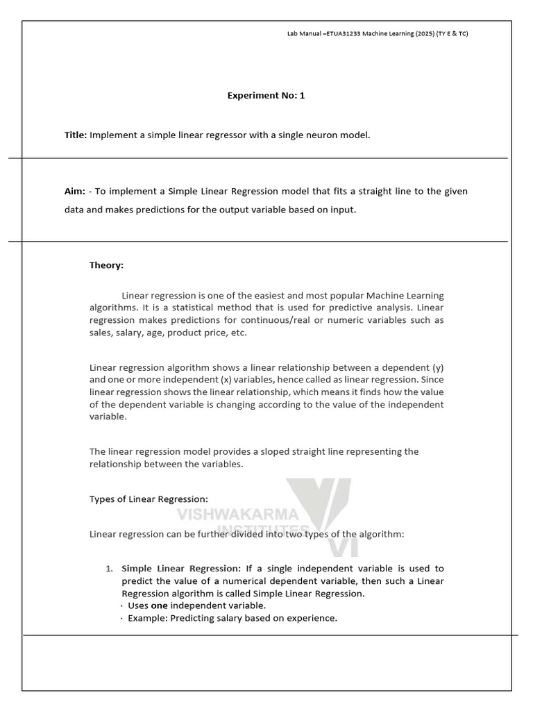 Simple Linear Regression Lab Manual | PDF | Dependent And Independent ...