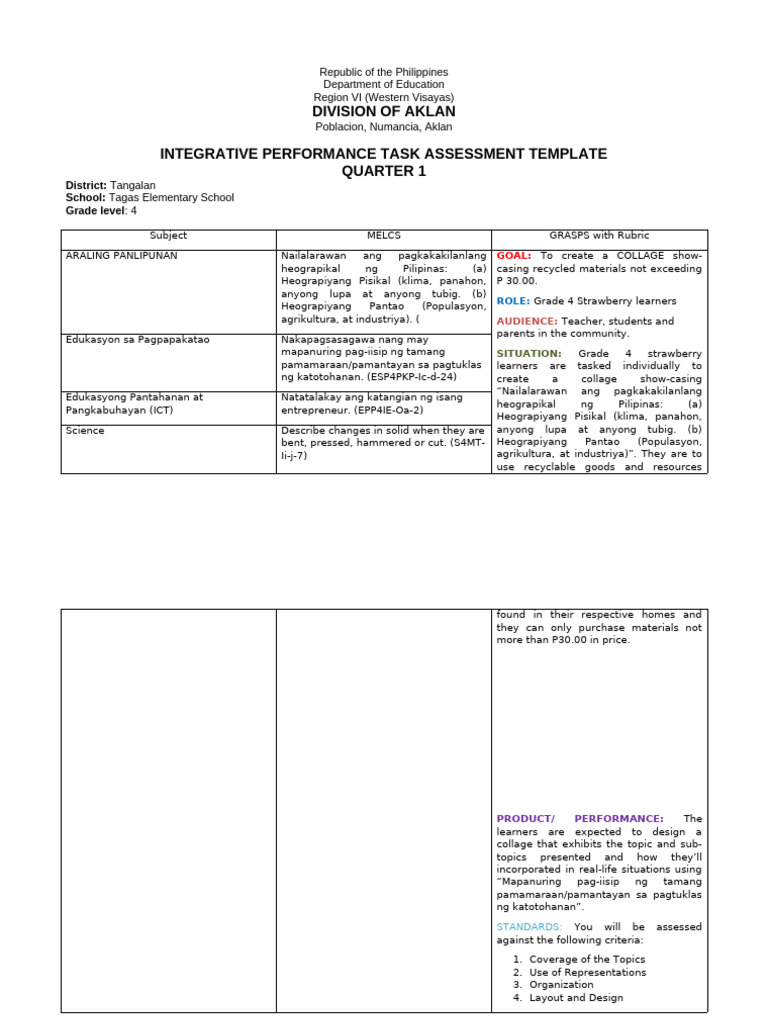 Grade 4 Collage Assessment Template | PDF