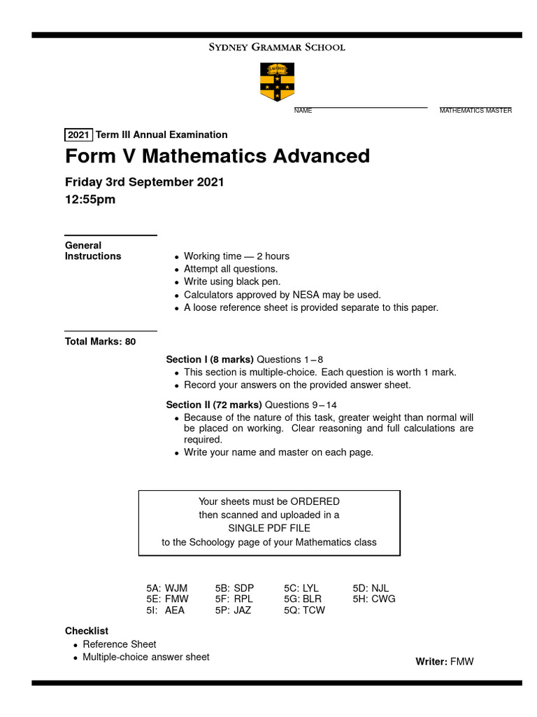 Form V Mathematics Advanced Exam 2021 | PDF | Function (Mathematics ...
