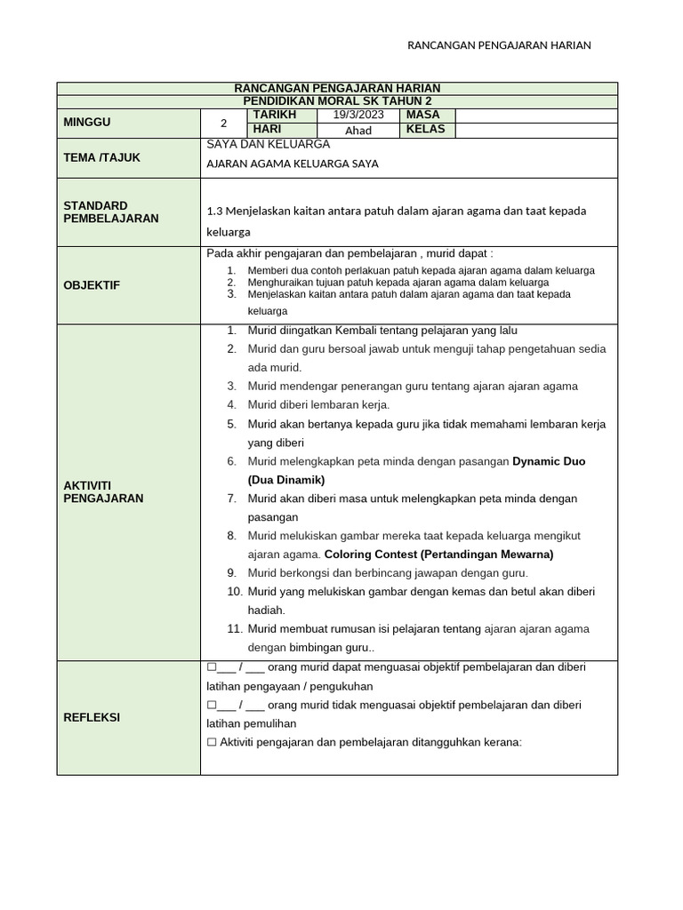 RPH Ringkas Minggu 2 Moral SK THN 2 2023 by Cikgu Gorgeous | PDF