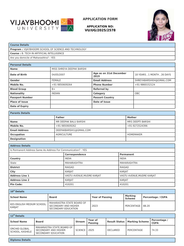 B.Tech AI Application Form for Shreya Barshi | PDF