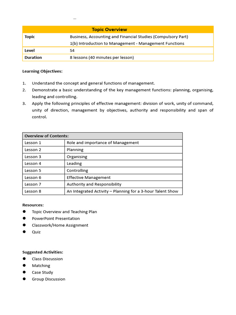 Management Functions Overview for S4 | PDF | Teachers | Division Of Labour