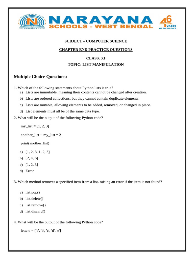 Python List Manipulation Practice Questions | PDF | Computer Science ...