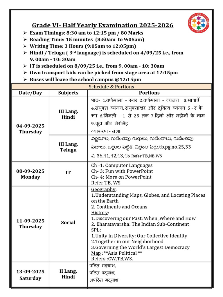 Grade VI Half Yearly Exam Schedule 2025 | PDF | Syntax | Linguistics