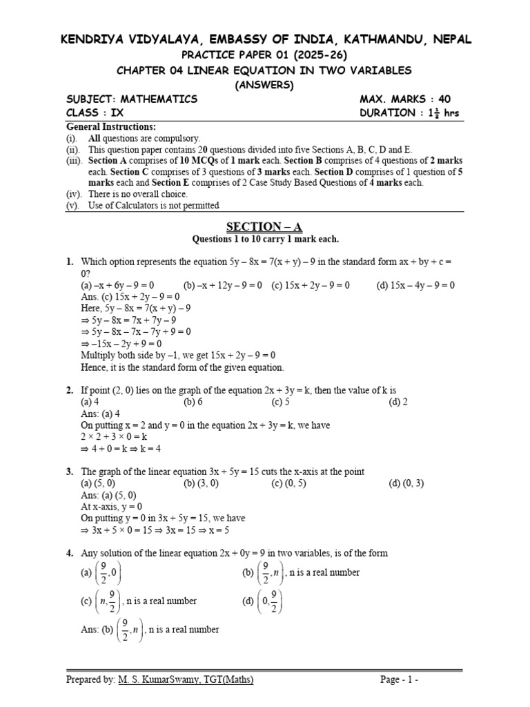 Class IX Linear Equations Practice Paper | PDF | Equations | Christmas