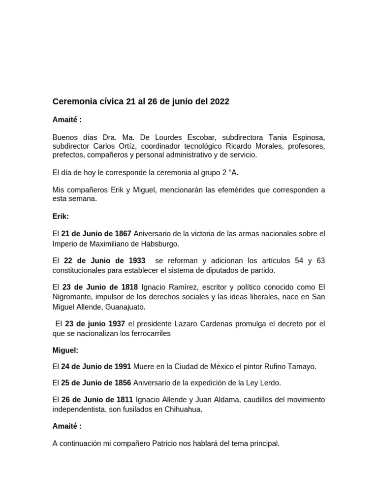 Ceremonia Cívica del 21 al 26 de Junio | PDF