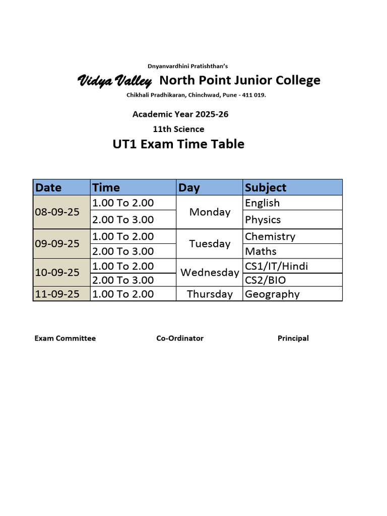 11th Sci UT1 Time TableA | PDF