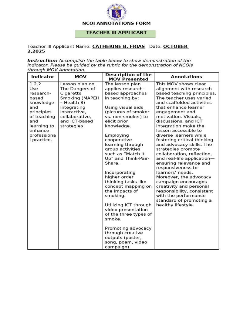 Ncoi Annotations Form | PDF | Lesson Plan | Learning