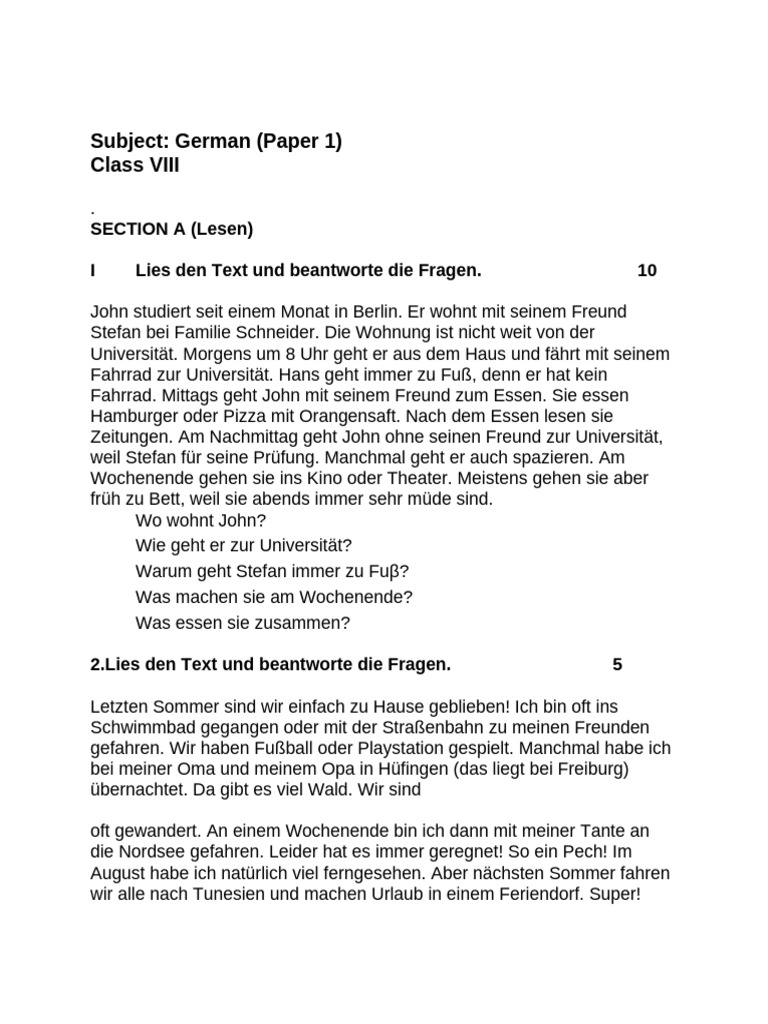 German Term 1 Sample Paper - Paper 1 | PDF
