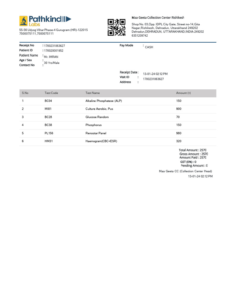 S.No Test Code Test Name Amount | PDF