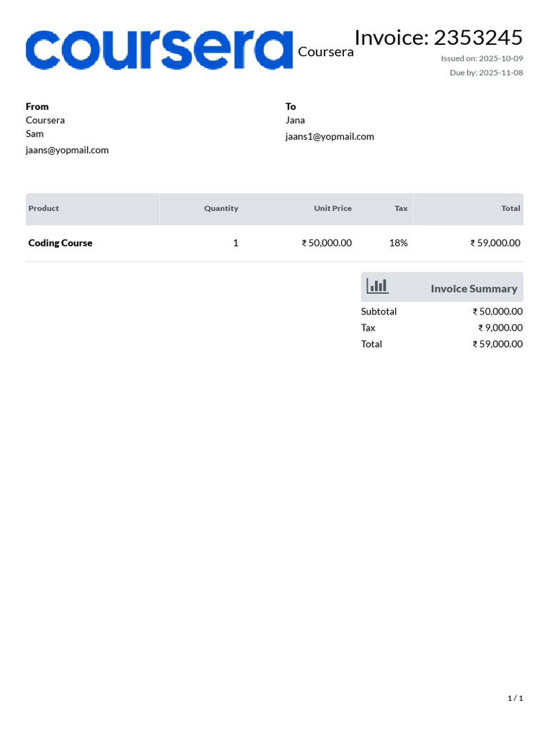 Coursera Invoice for Coding Course | PDF