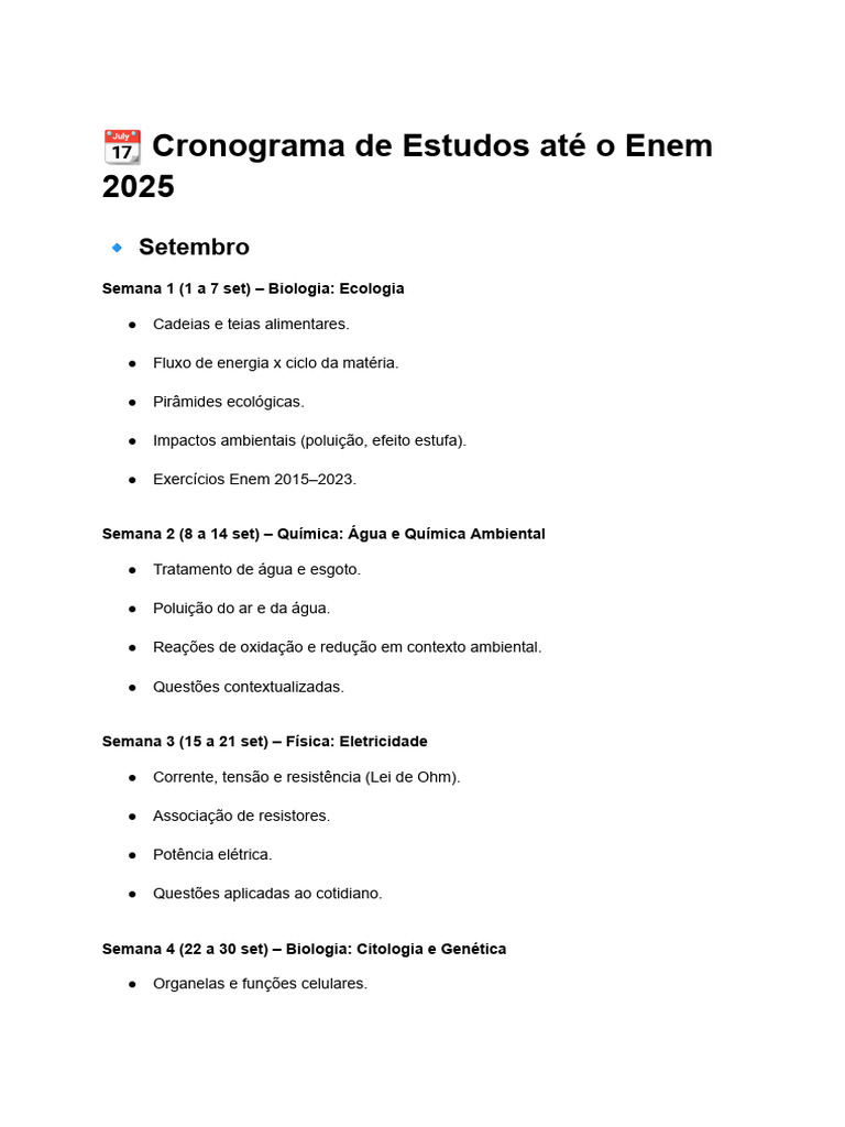 Cronograma de Estudos para o Enem 2025 | PDF | Biologia | Química
