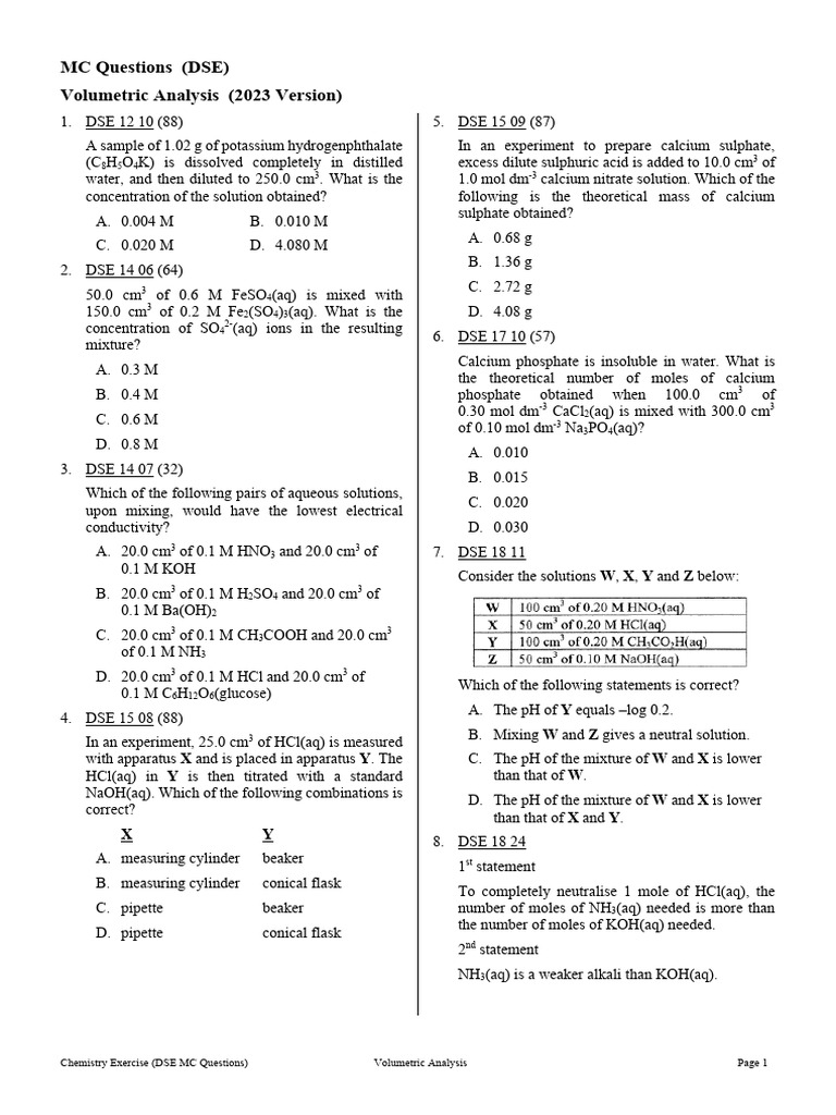 DSE MC Questions: Volumetric Analysis | PDF | Titration | Chemistry