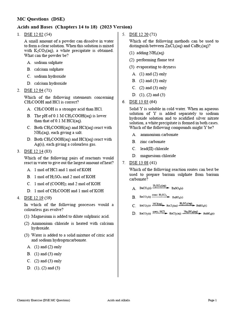 M4b - DSE MC Acids - Alkalis, PH, Salts and Neutralization (2023) | PDF ...