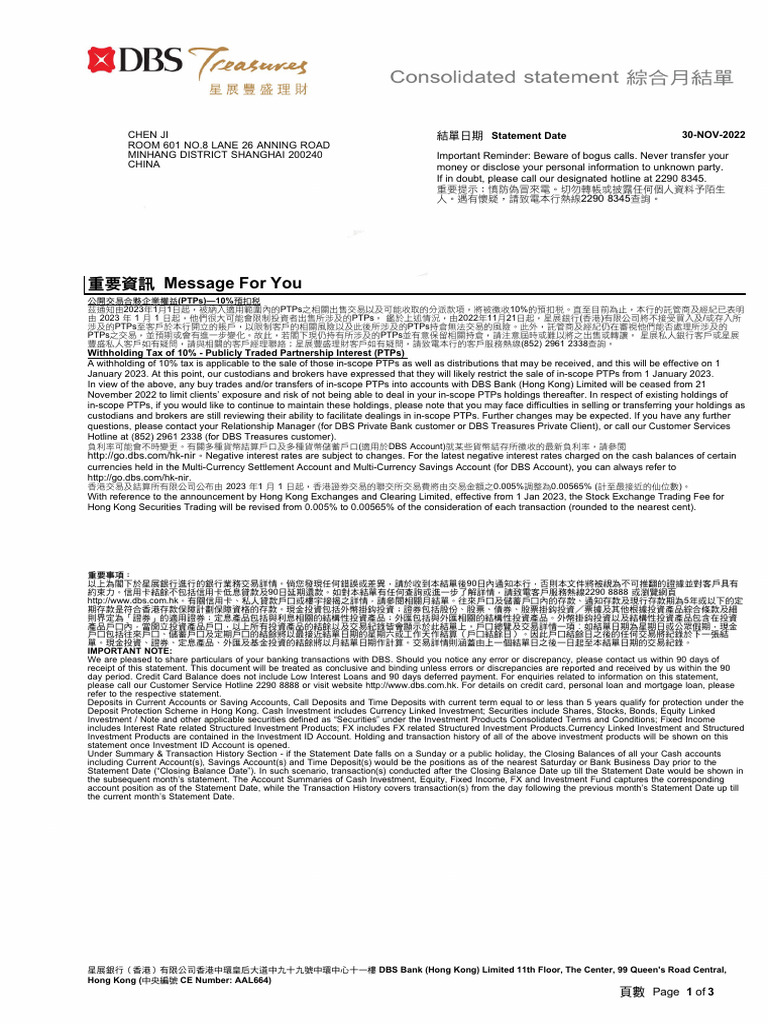 DBS Bank Statement Summary for Chen Ji | PDF | Deposit Account | Investing