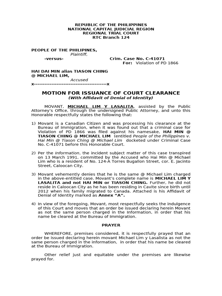 Motion for Court Clearance Denial | PDF | Affidavit | Legal Procedure