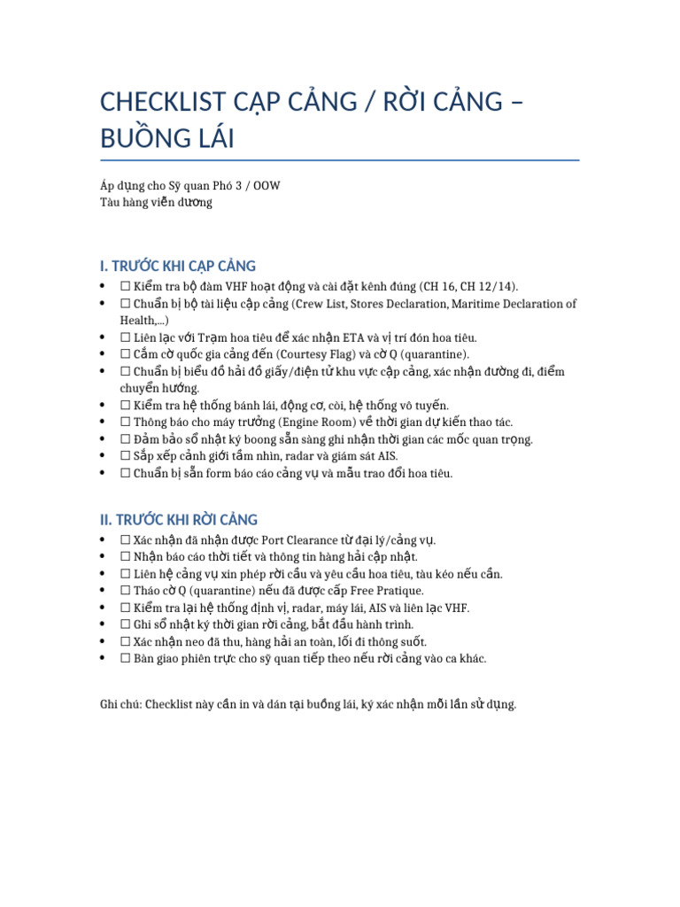 Checklist Cap Cang Roi Cang Buong Lai | PDF