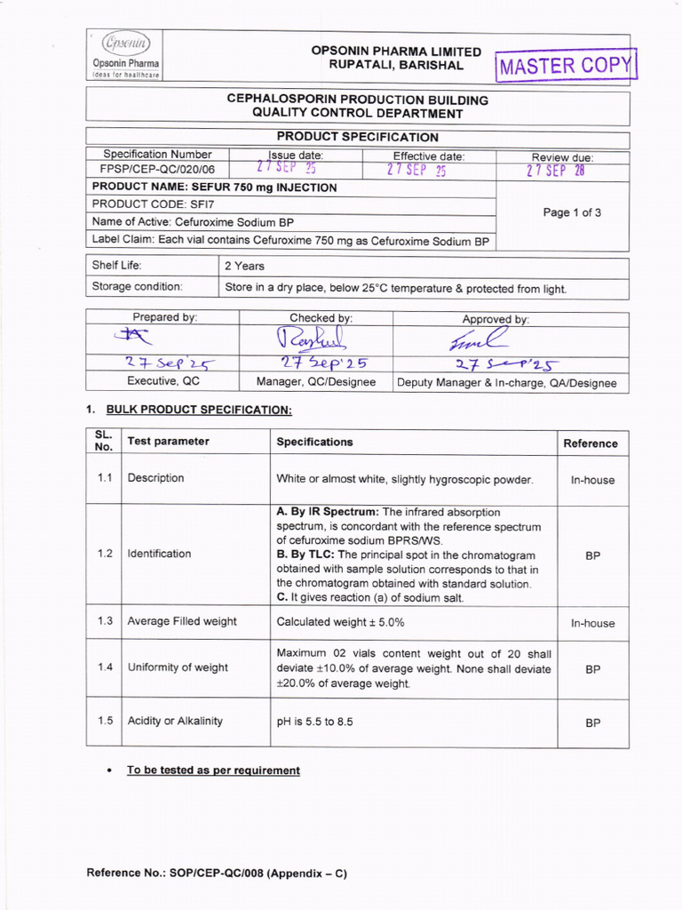 Sefur 750 mg Injection Specifications | PDF