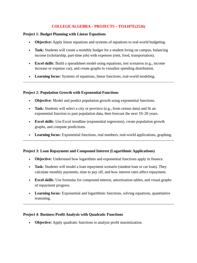 College Algebra PROJECTS 2526 | PDF | Regression Analysis | Quadratic ...