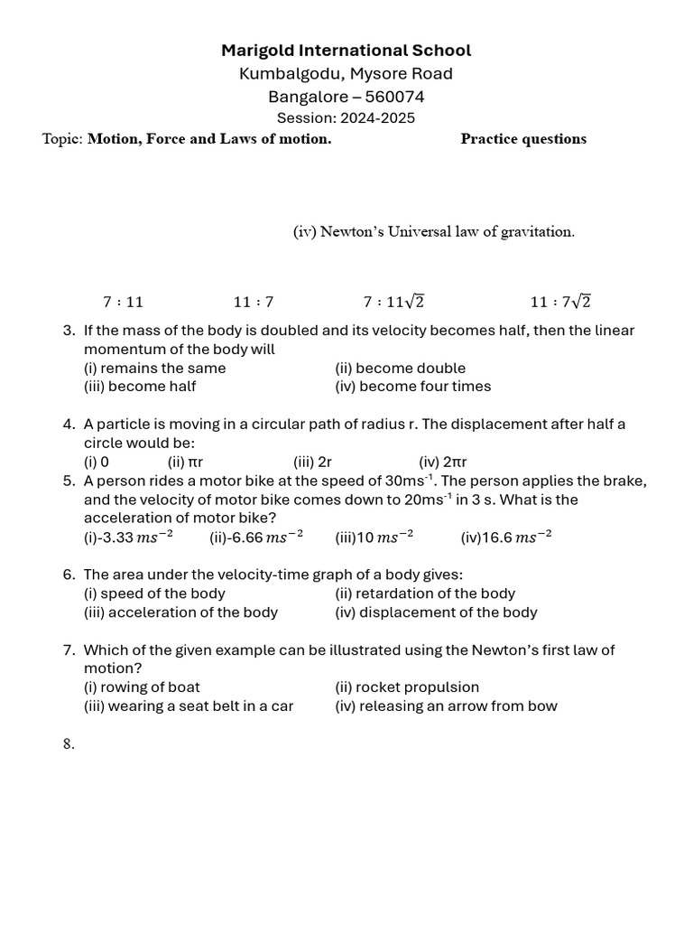 Motion and Force Practice Questions | PDF | Acceleration | Force
