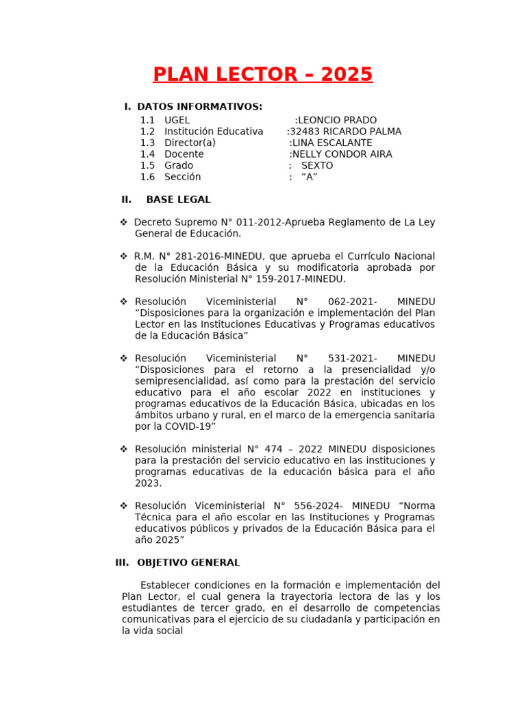 Plan Lector 2025 para Sexto Grado | PDF | Salón de clases | Educación ...