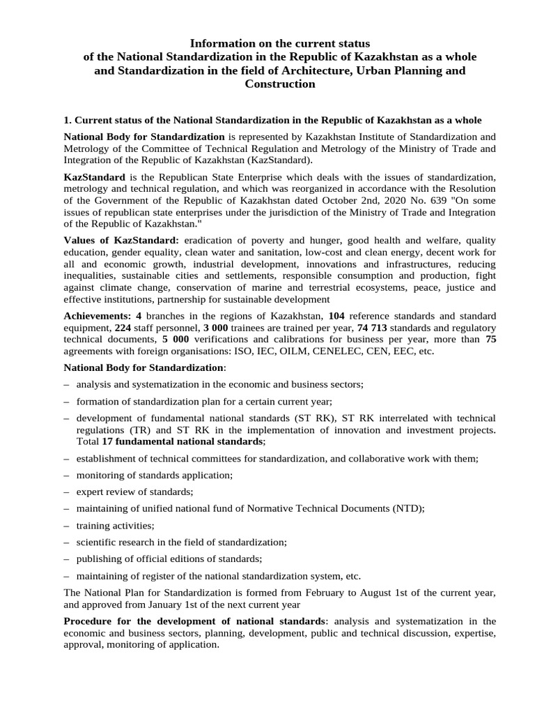 Kazakhstan National Standardization Overview | PDF | Standardization ...
