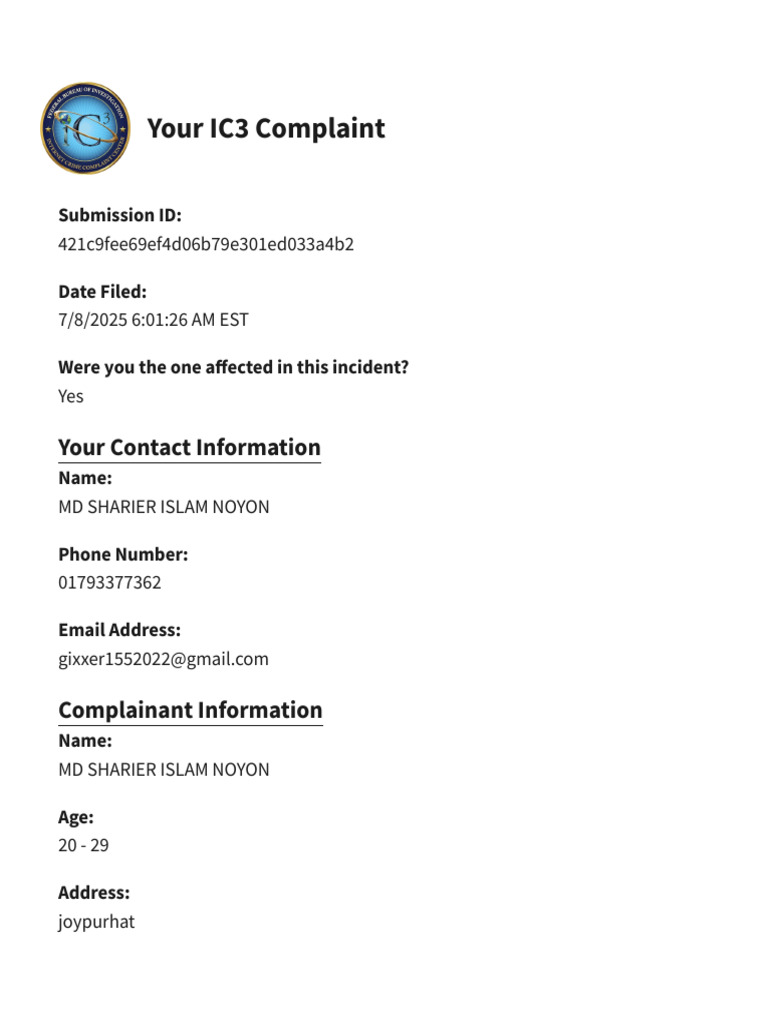 IC3 Complaint: Cyber Fraud Incident | PDF | Cryptocurrency | Cyberspace