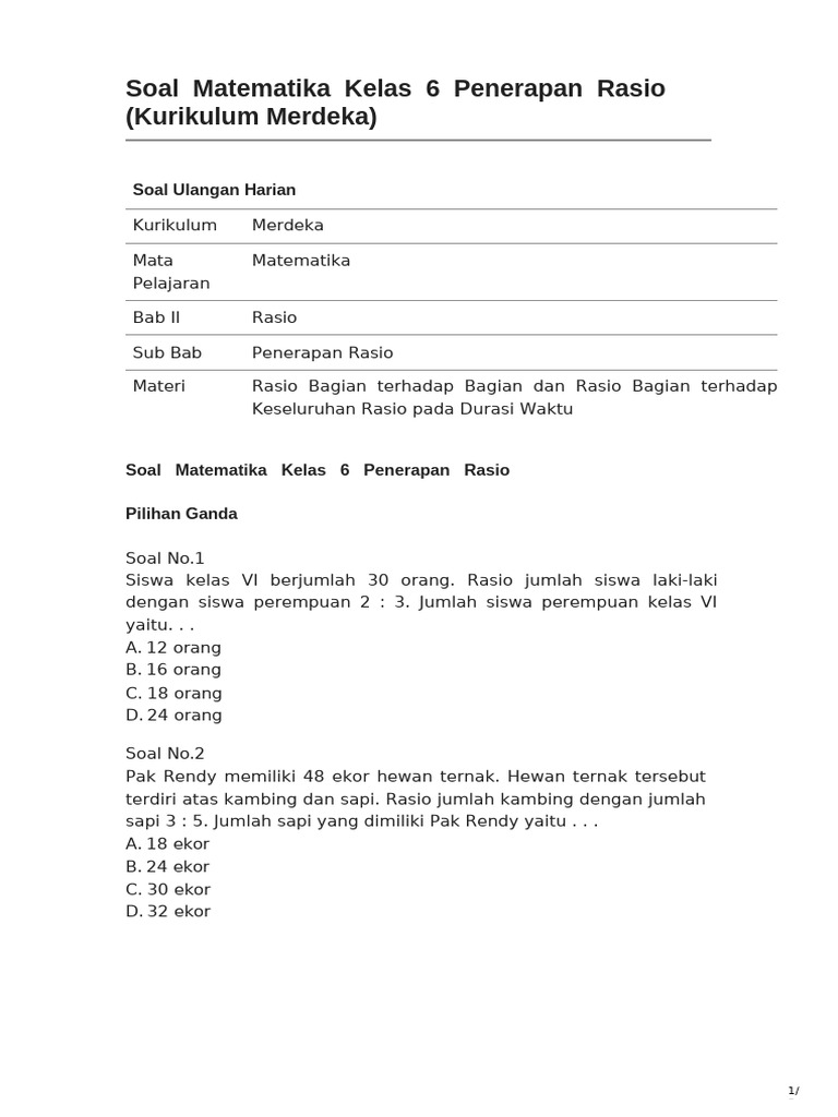 Soal Matematika Kelas 6: Penerapan Rasio | PDF