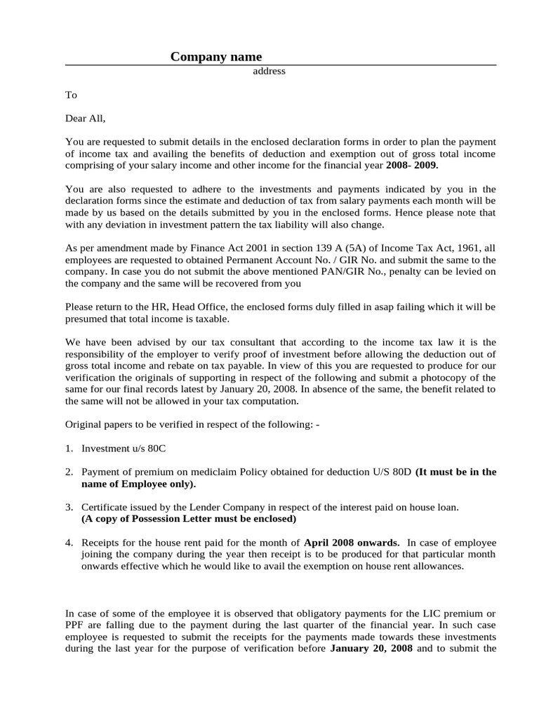 Income Tax Declaration for Employees 2008-09 | PDF | Taxes | Life Insurance