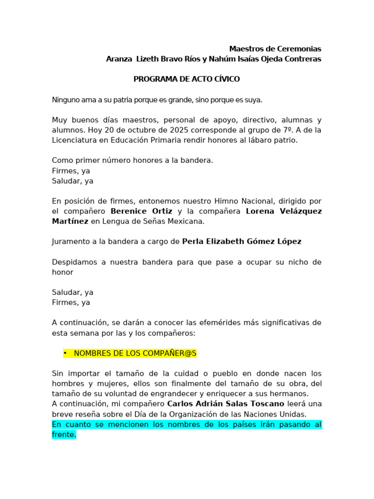 Programa de Acto Cívico 20 de Octubre | PDF