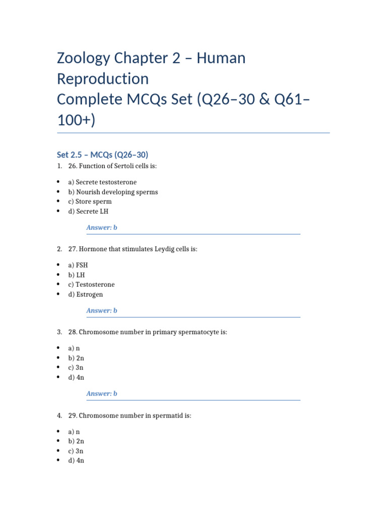 Zoology Chapter 2 Human Reproduction MCQs Part2 | PDF