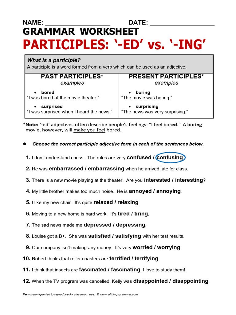 Participles: -ED vs. -ING Exercises | PDF