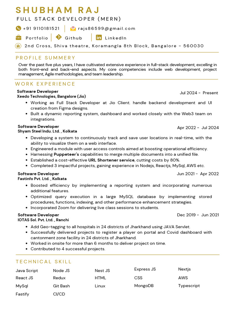 Full Stack Developer Shubham Raj Profile | PDF | Computing | Software ...