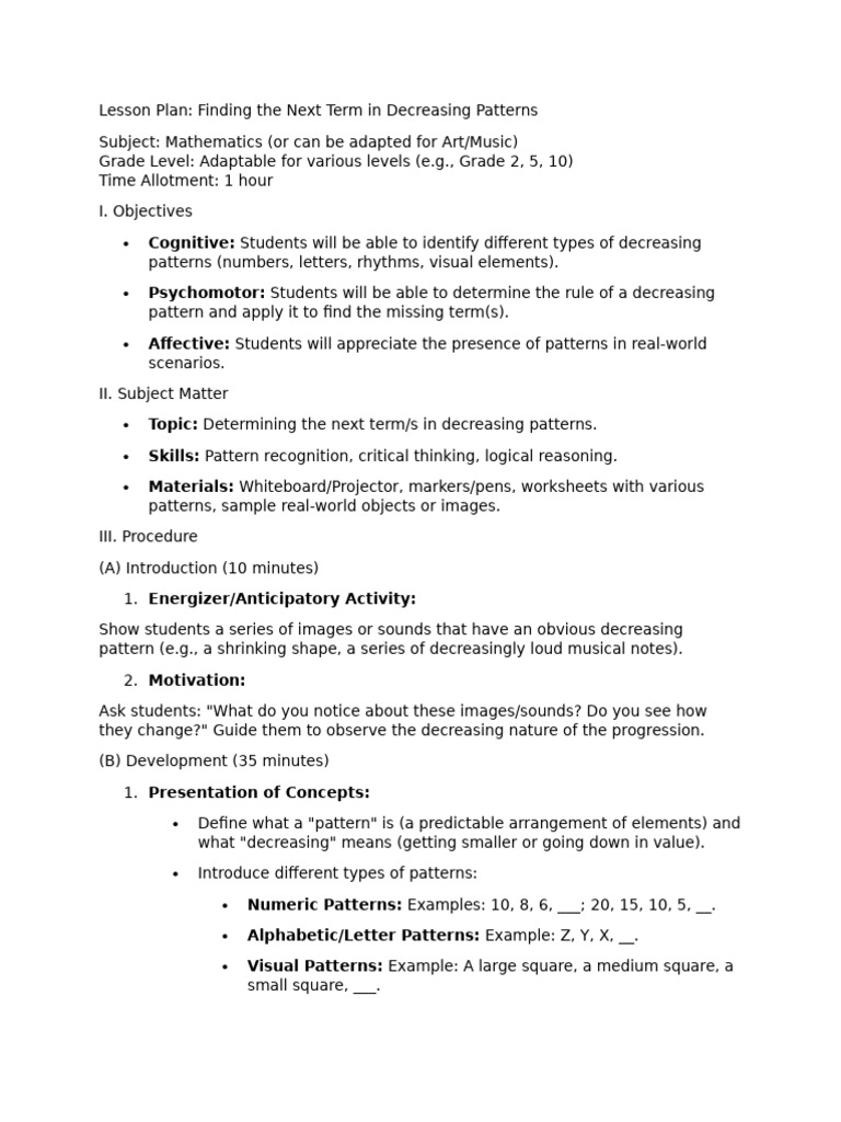 Grade 2 Decreasing Patterns Lesson Plan | PDF | Rhythm | Lesson Plan